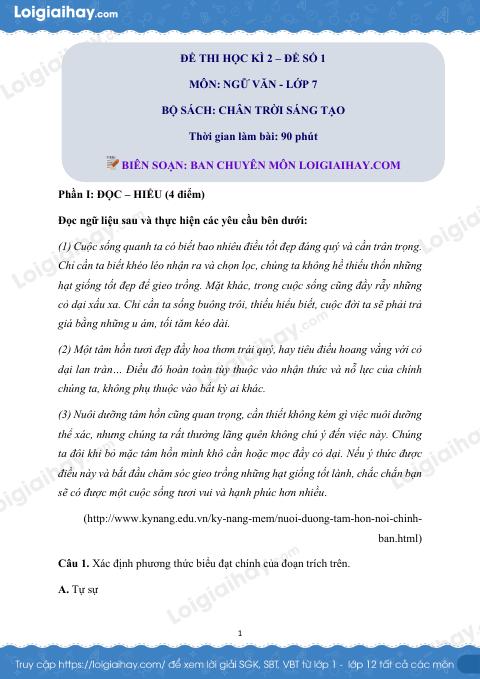 Đề thi học kì 2 Văn 7 Chân trời sáng tạo - Đề số 1